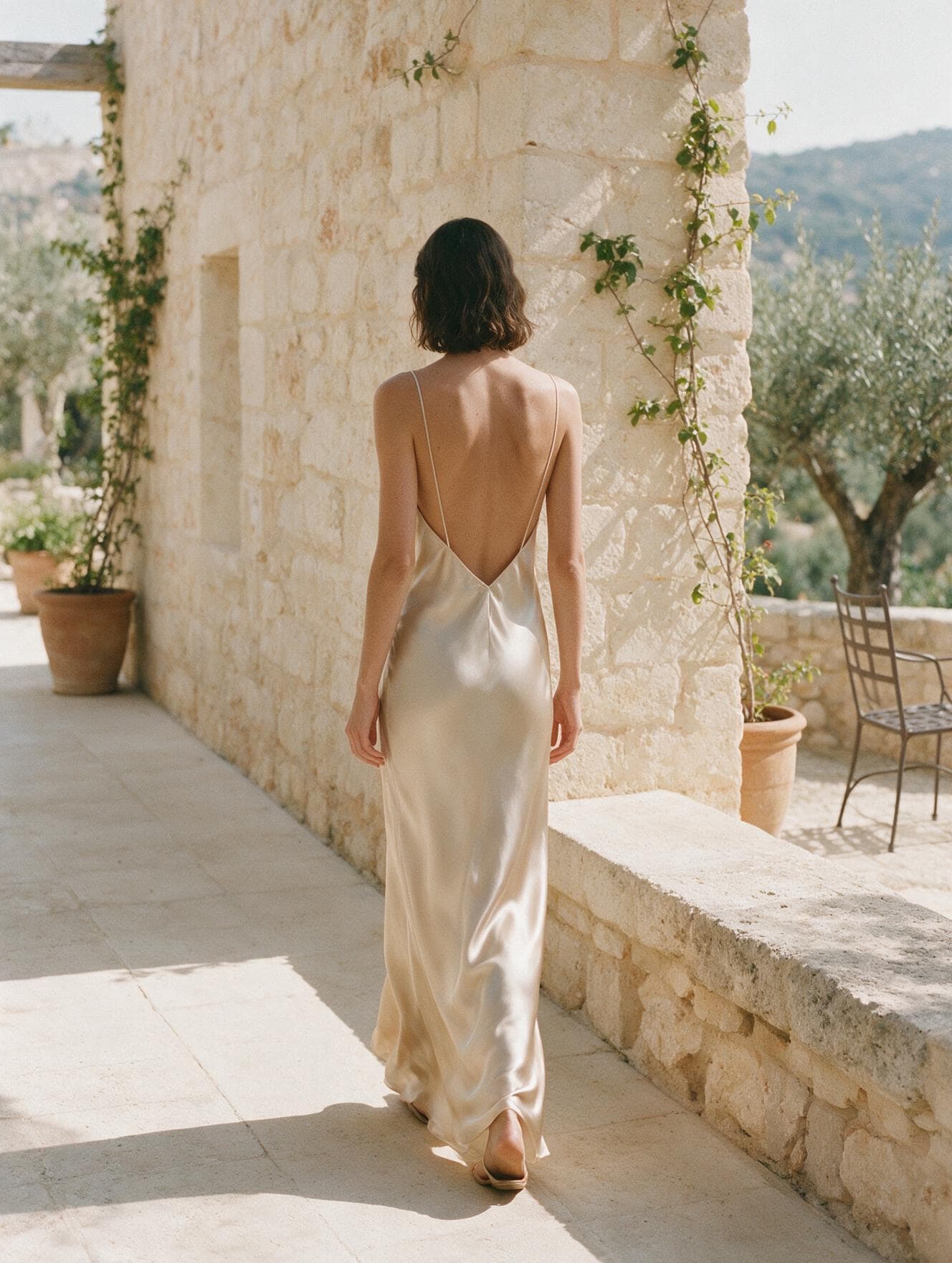 A woman in a champagne silk dress beside a sunlit stone wall