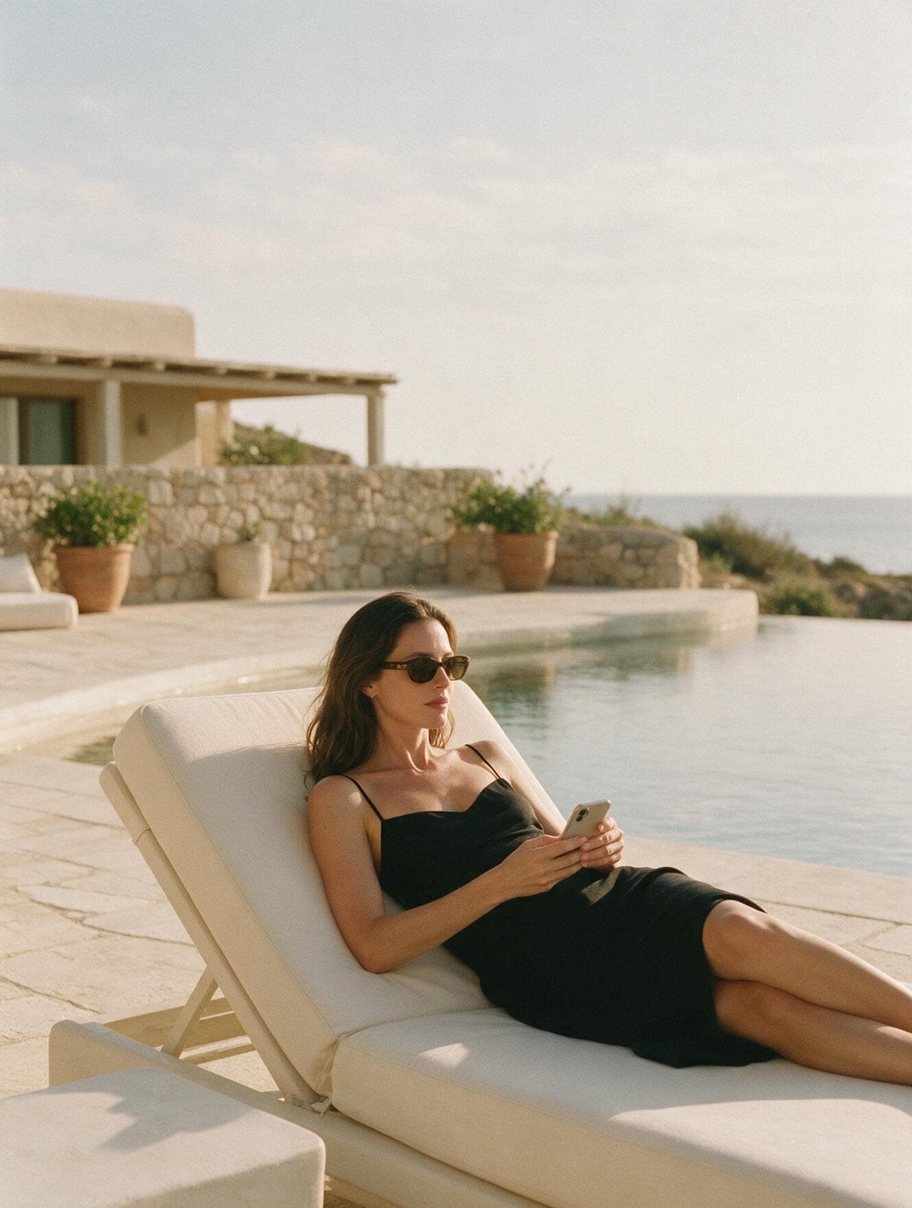 A woman relaxing on a lounger by the sea, holding her phone
